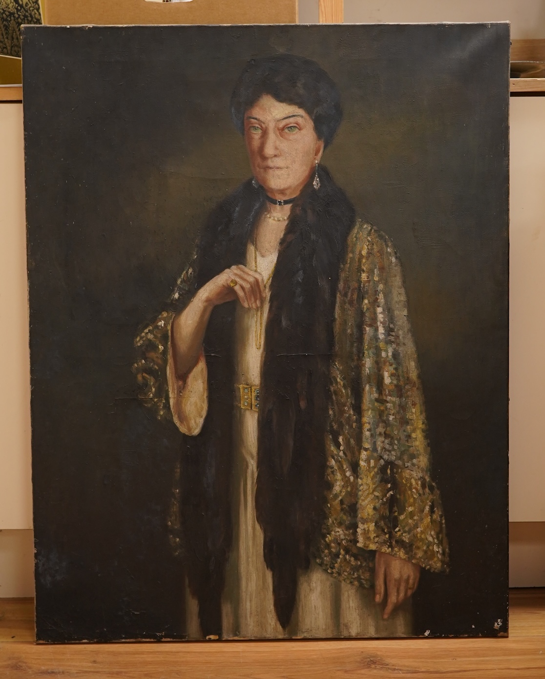 Art Deco, English School, Three-quarter length portrait of a society lady, oil on canvas, 91 x 71cm, unframed